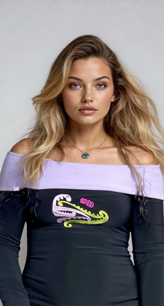 Woman wearing a black and purple dress with a ehara e te mea ko koe anake embroidery logo, standing against a white wall.