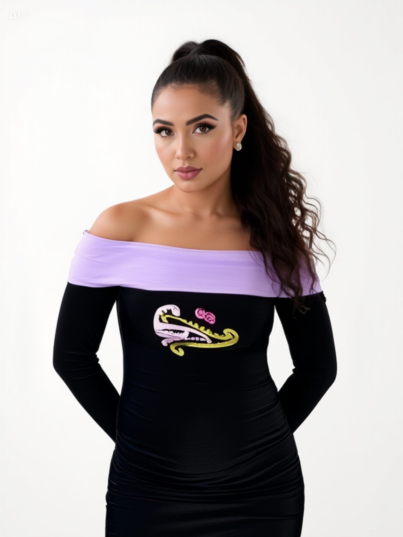 Woman wearing a black and purple dress with a ehara e te mea ko koe anake embroidery logo, standing against a white wall.
