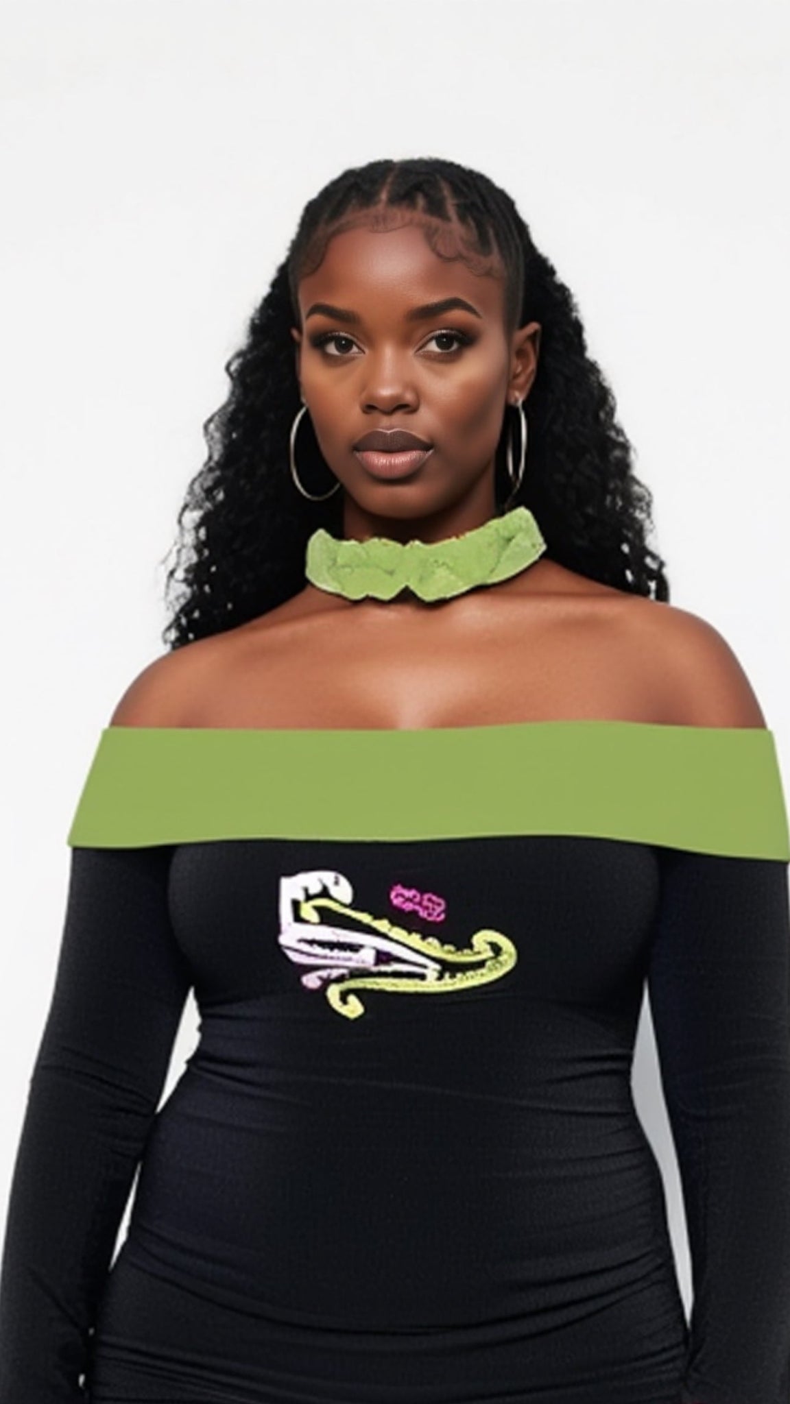 Woman wearing a black off-shoulder dress with green accents and colorful cuffs on a white background