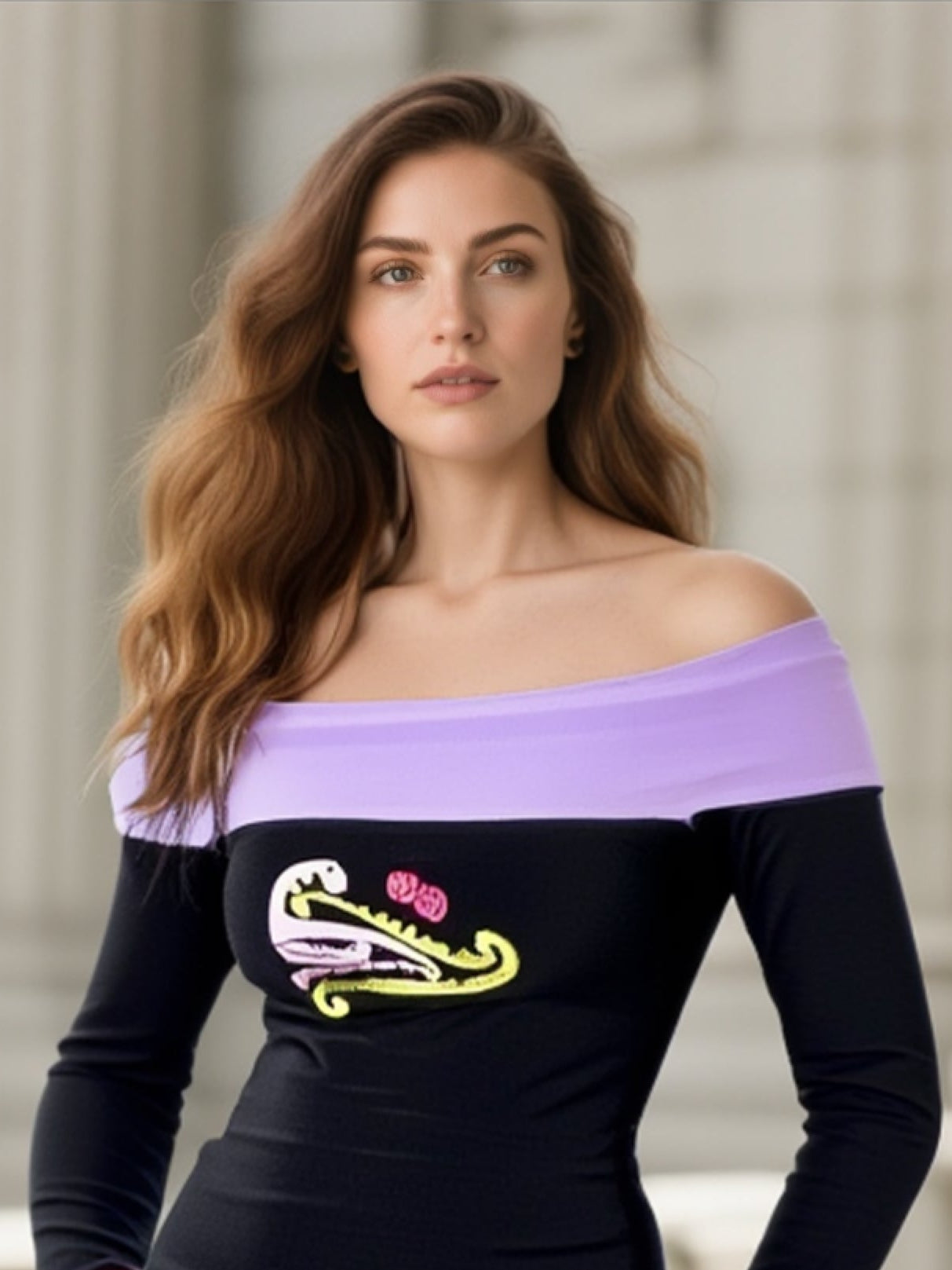 Woman wearing a black and purple dress with a ehara e te mea ko koe anake embroidery logo, standing outside.